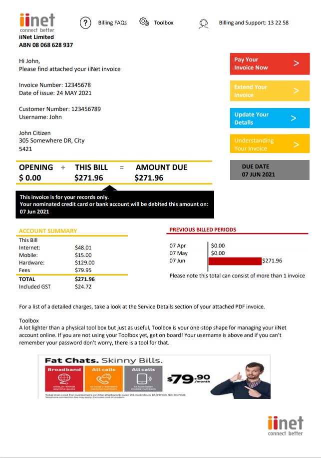 Australia iiNet utility bill